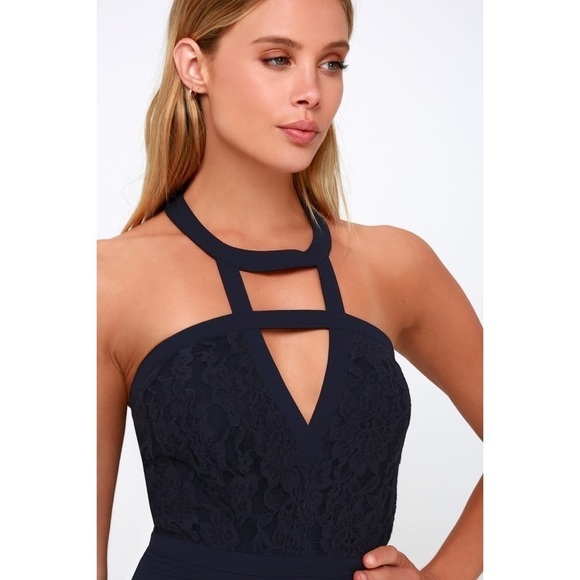 Lulus Floral Lace Halter Blue Bodycon Formal Dress - Picture 4 of 8